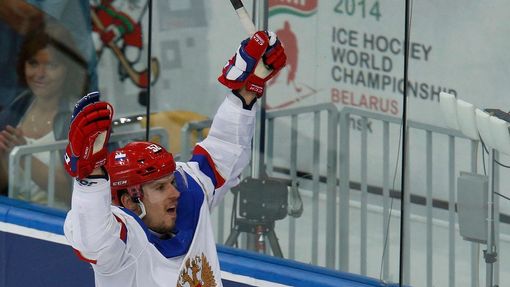 Russia's Sergei Shirokov celebrates his goal against Finland during the first period of men's ice hockey World Championship final game at Minsk Arena in Minsk May 25, 201