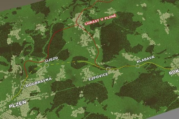Schéma původní trati z Rokycan do Plzně a nového tunelu (přerušovanou čarou).