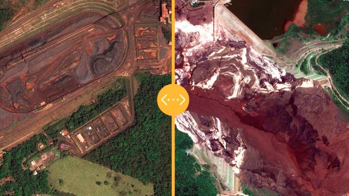 Kudy se valilo bahno: Porovnejte si snímky brazilské nádrže před a po protržení