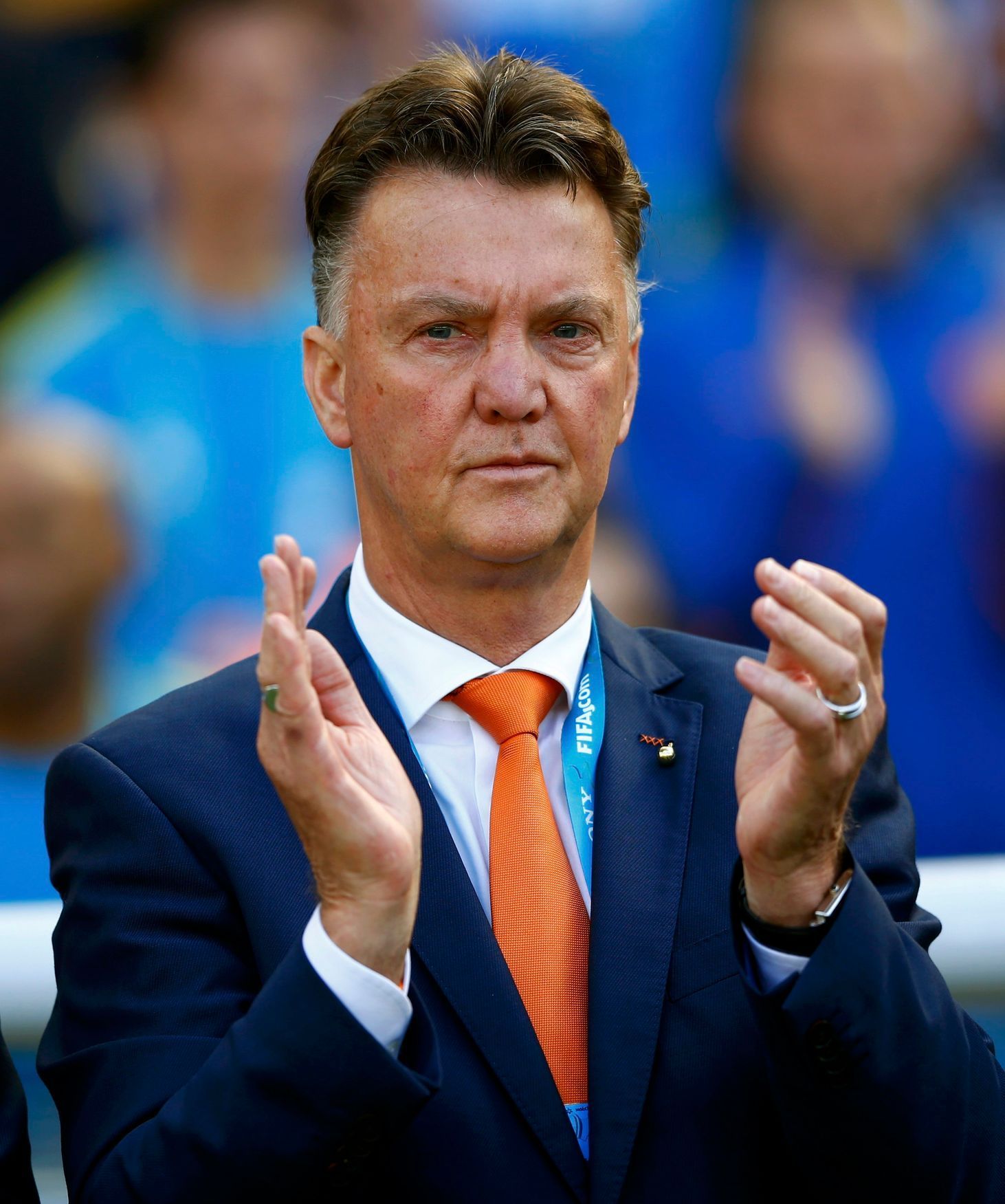 Netherlands coach Louis van Gaal claps at the 2014 World Cup Group B soccer match between Australia and Netherlands at the Beira Rio stadium