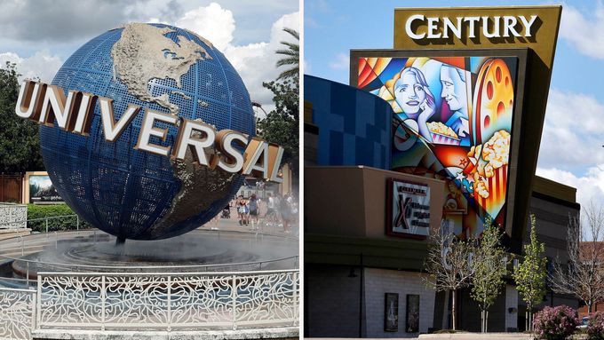Vlevo na snímku z americké Floridy je logo Universal Studios, vpravo multiplex 16 kin Cinemarku ve státě Colorado.
