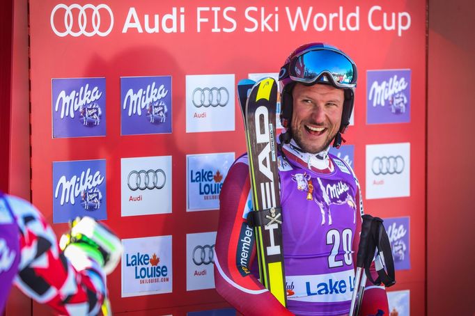 Aksel Lund Svindal of Norway after his run during the men's downhill race in the FIS alpine skiing World Cup at Lake Louise Ski Resort. Mandatory Credit: Sergei Belski-US