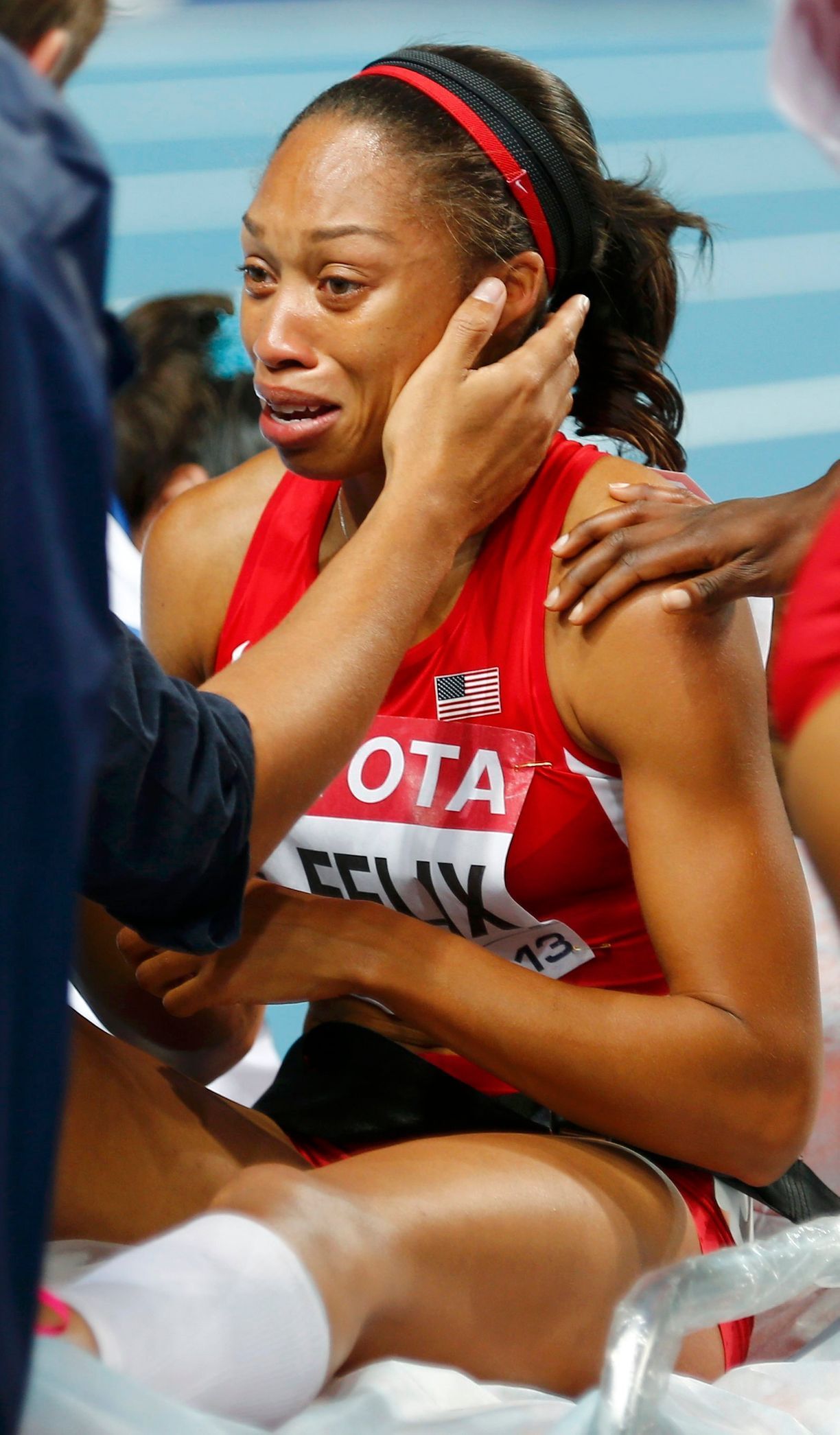 MS v atletice 2013, 200 m - finále: zraněná Allyson Felixová