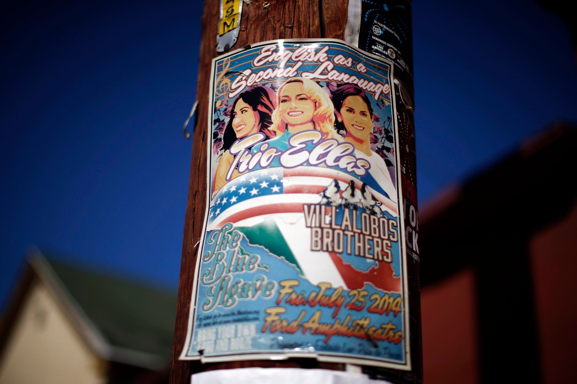 Flyer for a concert named &quot;English as a Second Language&quot;, of Latino artists singing in Spanish and English, is seen in the Boyle Heights area of Los Angeles in California