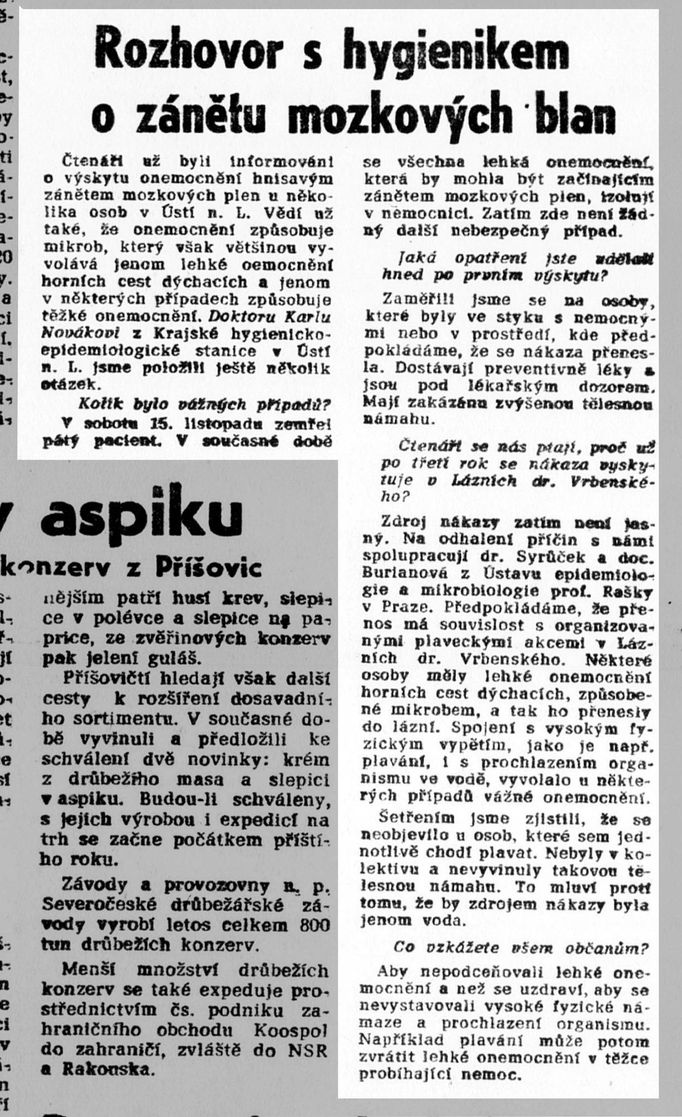 Reprofoto dobového tisku Průboj, kde byl dne 19. 11. v roce 1964 publikován rozhovor s hygienikem doktorem Karlem Novákem o epidemii hnisavého zánětu mozkových blan.