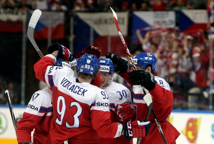 Vladimir Sobotka of the Czech Republic (L) celebrates his goal with team mates during their Ice Hockey W