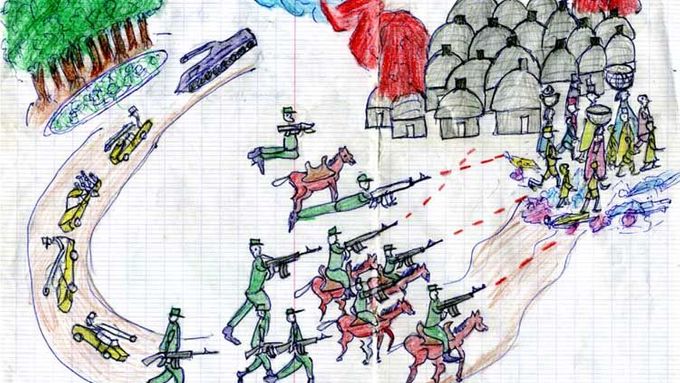 Dětská kresba hrůz války o Dárfúr.