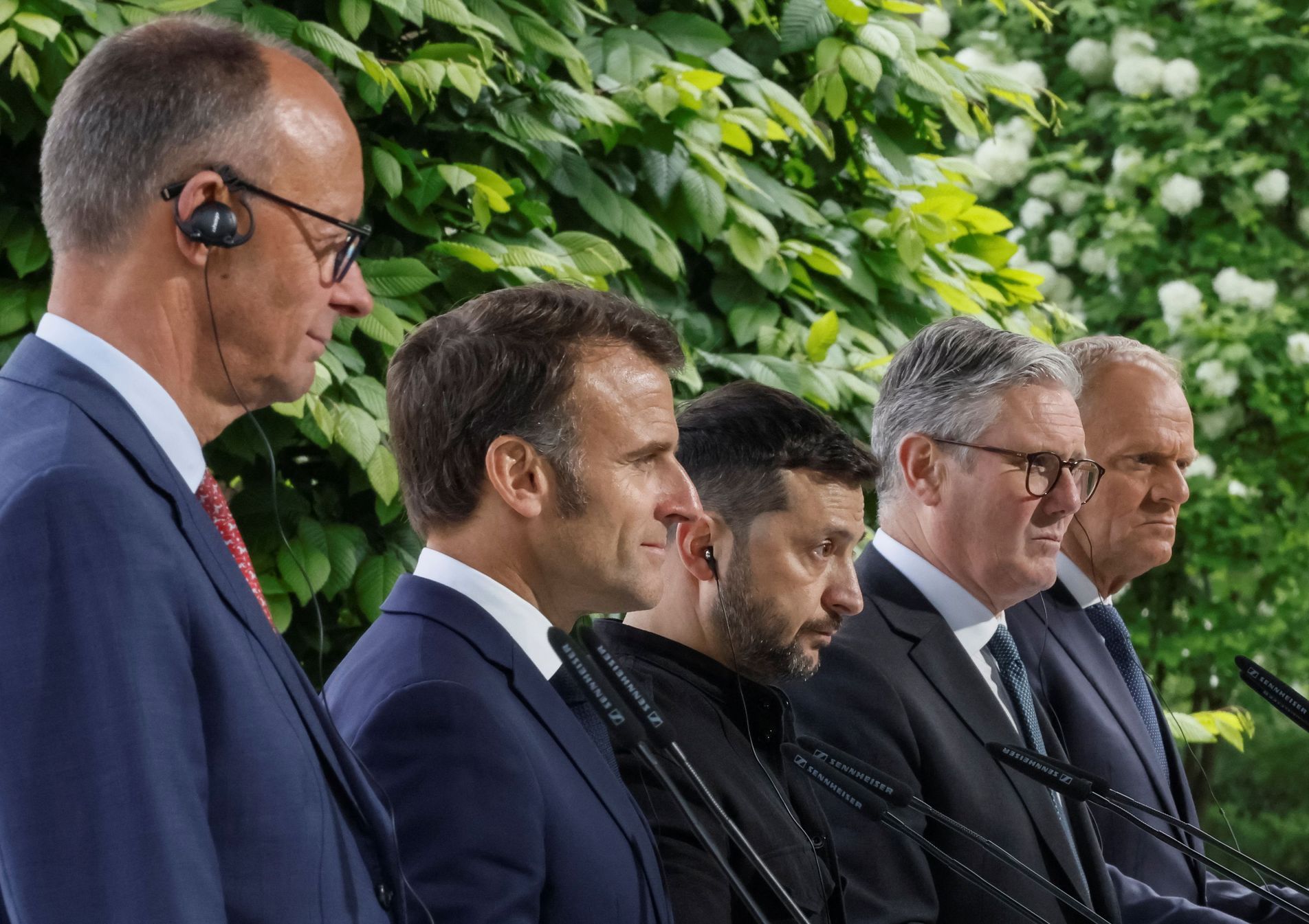 Ukraine's President Zelenskiy, Britain's Prime Minister Starmer, French President Macron, German Chancellor Merz and Poland's Prime Minister Tusk attend a joint press conference in Kyiv