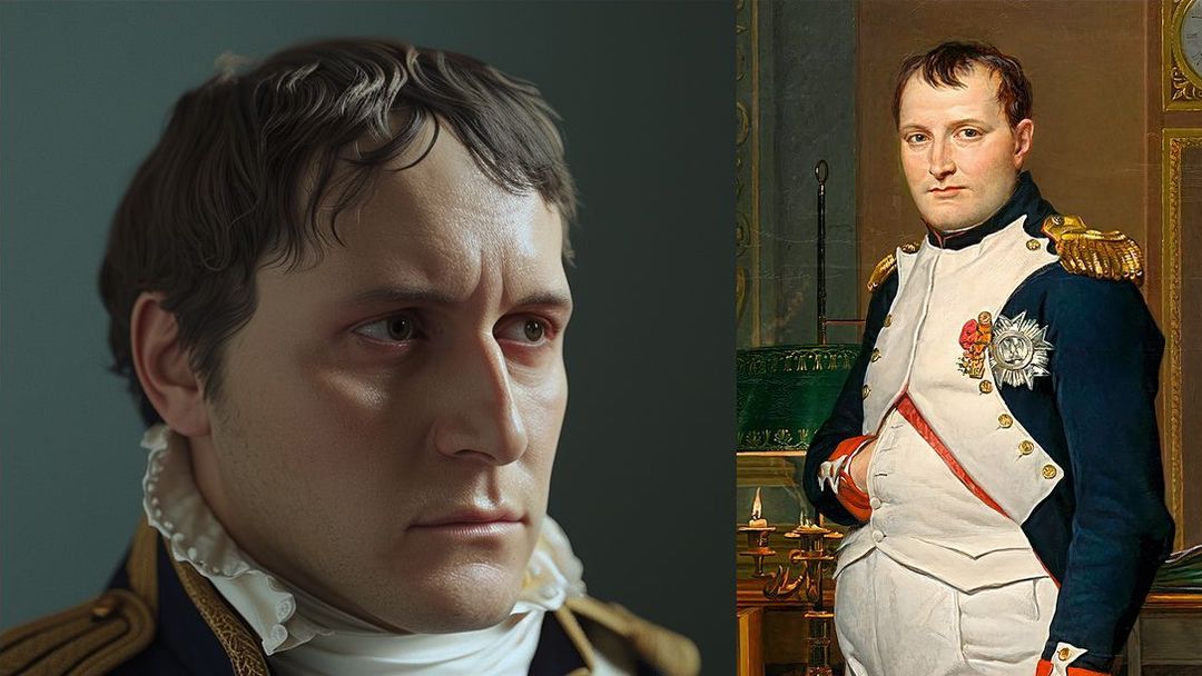 Vlevo: Podoba Napoleona Bonaparteho vygenerovaná umělou inteligencí. Vpravo: Obraz Napoleon I. ve své pracovně v Tuilerijském paláci (autor Jacques-Louis David)