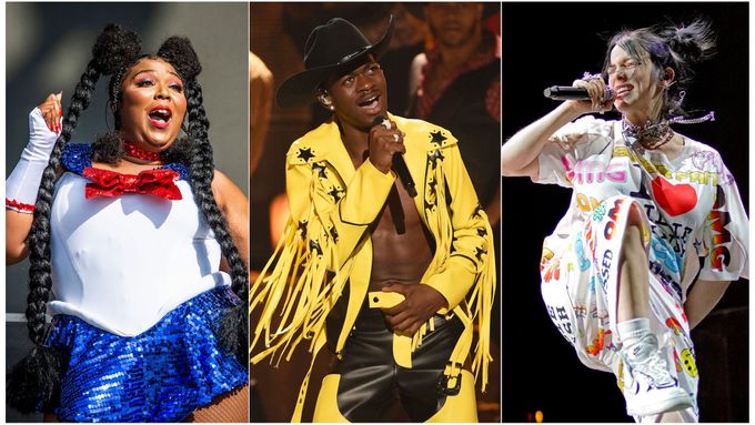 Nejvyšší šance na zisk Grammy mají zleva Lizzo, Lil Nas X a Billie Eilish.