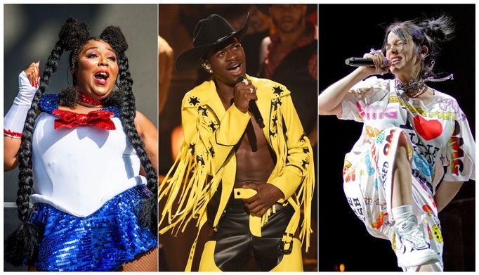 Nejvyšší šance na zisk Grammy mají zleva Lizzo, Lil Nas X a Billie Eilish.