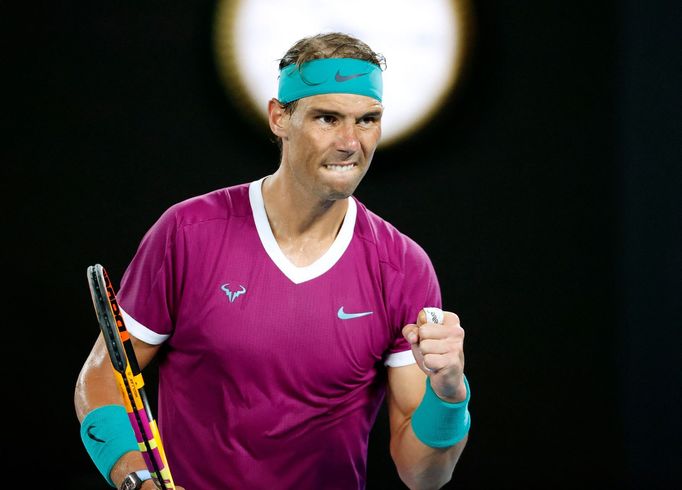 Tennis - Australian Open - Men's Singles Final - Melbourne Park, Melbourne, Australia - January 30, 2022 Spain's Rafael Nadal reacts during the final against Russia's Dan