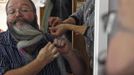 German hairdresser Elmar Weisser, 48, is reflected in a mirror in his hotel room as he starts shaping his beard as a stork, with help from his wife, to compete in the 2012 European Beard and Moustache Championships in Wittersdorf near Mulhouse, Eastern France, September 22, 2012. Weisser, who won the World Beard and Moustache Championship in 2011, ranked second in the freestyle category of the European championships on Saturday. Picture taken September 22, 2012. REUTERS/Vincent Kessler (FRANCE - Tags: SOCIETY) Published: Zář. 23, 2012, 11:52 dop.