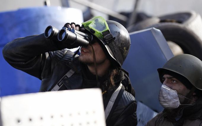 An anti-government protester looks through binoculars as he mans a barricade in Kiev February 21, 2014.