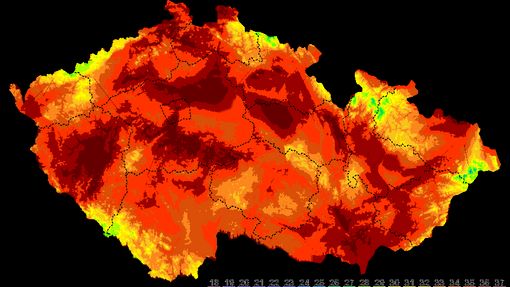 Aktuální teplotní mapa České republiky ze 14:30