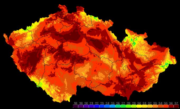 Aktuální teplotní mapa České republiky ze 14:30