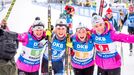 SP v biatlonu 2018/19, Oberhof, štafeta žen: Radost českých biatlonistek z bronzu (zleva Veronika Vítková, Eva Puskarčíková, Markéta Davidová a Lucie Charvátová)