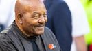 Sep 22, 2019; Cleveland, OH, USA; Cleveland Browns hall of fame running back Jim Brown smiles while watching warmups before the game against the Los Angeles Rams at First