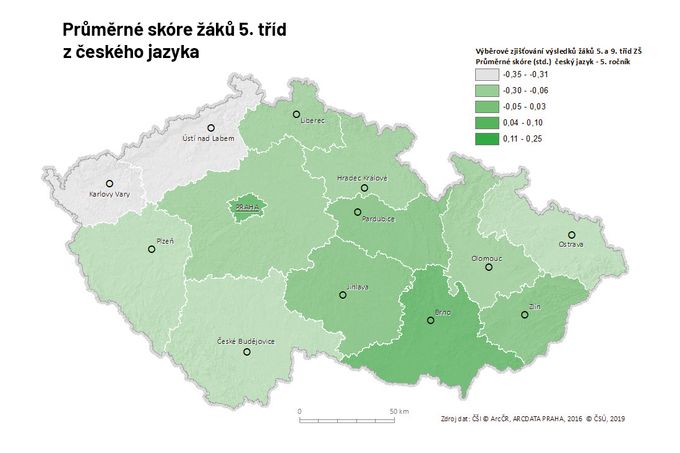 Průměrné skóre žáků 5. tříd z českého jazyka