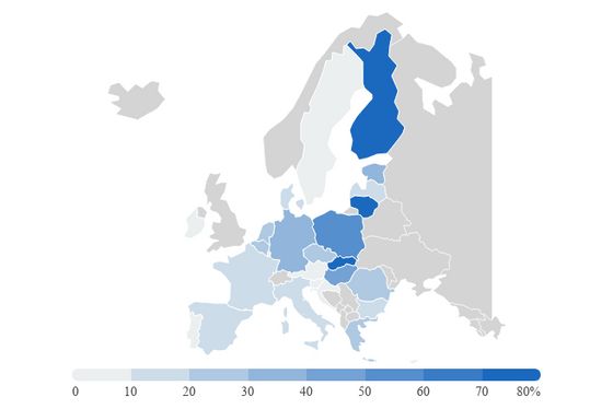 Podíl ruských importů na celkových, surová ropa a ropné produkty, 11/21. V EU jsou i mnohem závislejší země než Česko, když mají ale moře, nemají takový problém