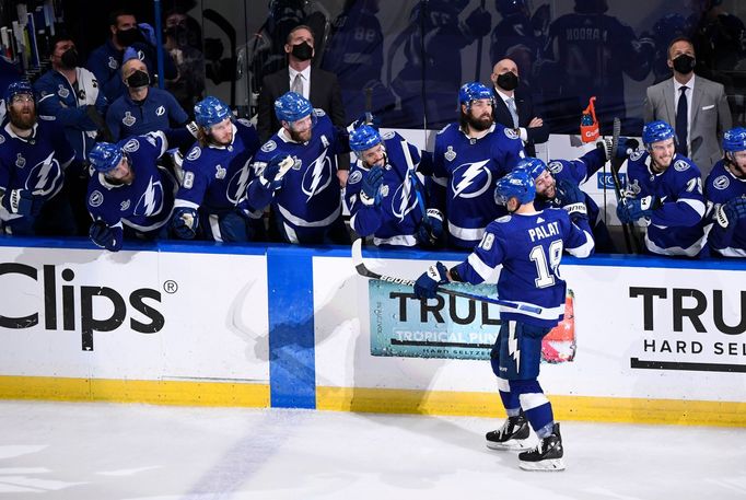 Jun 30, 2021; Tampa, Florida, USA; Tampa Bay Lightning left wing Ondrej Palat (18) celebrates a goal with his teammates against the Montreal Canadiens during the third pe