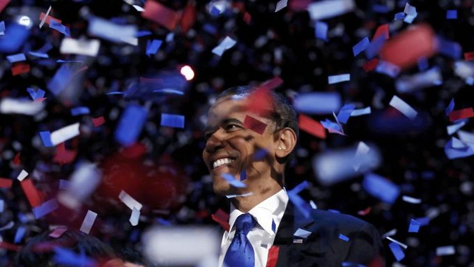 Barack Obama při oslavách svého znovuzvolení americkým prezidentem v Chicagu.