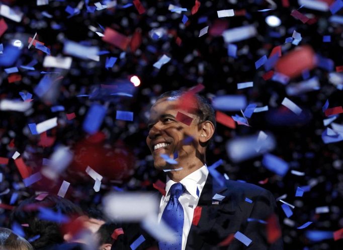 Barack Obama při oslavách svého znovuzvolení americkým prezidentem v Chicagu.