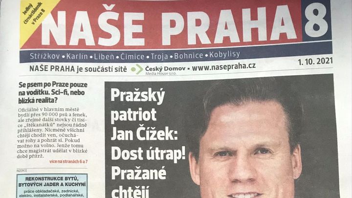 "Pražský patriot." Okamurův muž je týden před volbami na titulce novin, které založil; Zdroj foto: Noviny Naše Praha