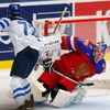 Finland's Donskoi scores the winning penalty goal against Russia's goaltender Bobrovski during their Ice Hockey World Championship game at the CEZ arena in Ostrava