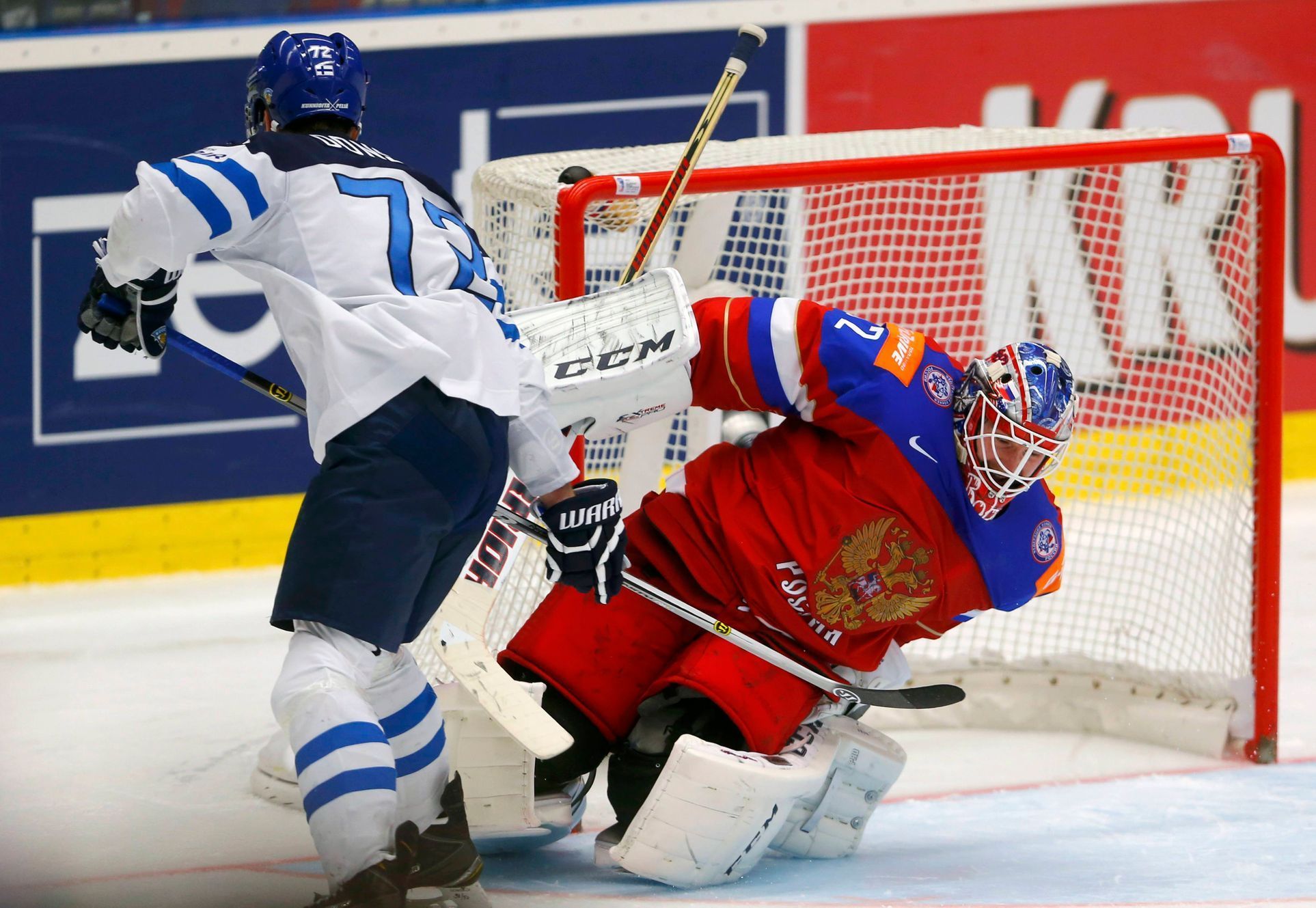 Finland's Donskoi scores the winning penalty goal against Russia's goaltender Bobrovski during their Ice Hockey World Championship game at the CEZ arena in Ostrava
