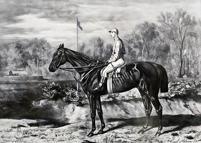 Žokej George Sayers na koni Fantome, vítěz prvního ročníku Velké pardubické steeplechase, konaného 5. listopadu 1874 v Pardubicích. Dobová kresba