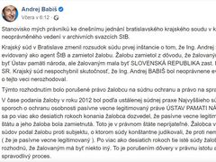 Babiš cituje své právní zástupce na svém profilu na sociální síti Facebook.