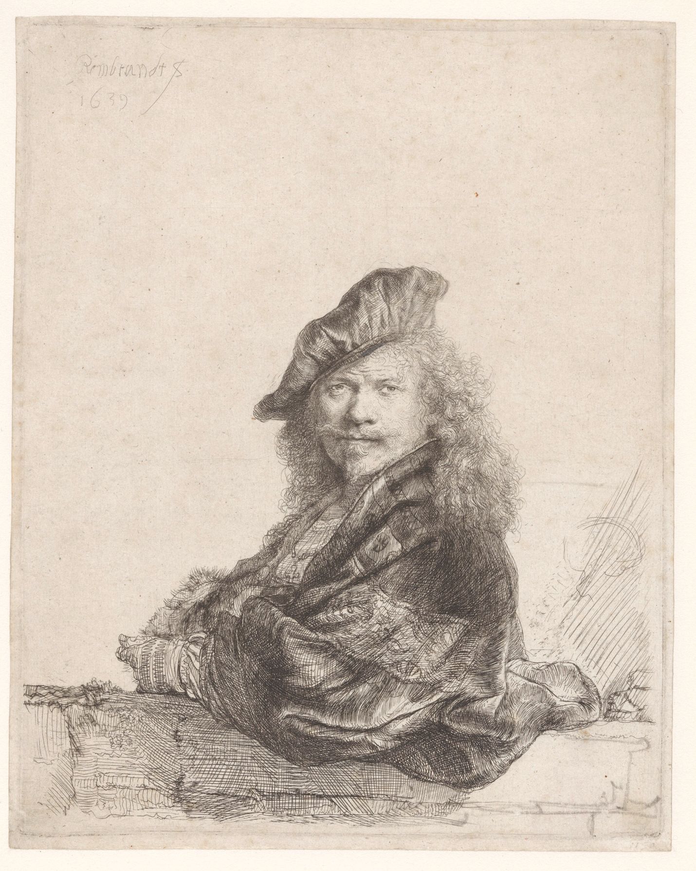 Rembrandt van Rijn: Autoportrét s předloktím opřeným o kamennou zídku