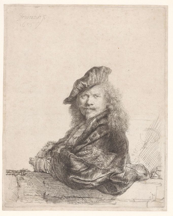 Rembrandt van Rijn: Autoportrét s předloktím opřeným o kamennou zídku, 1639