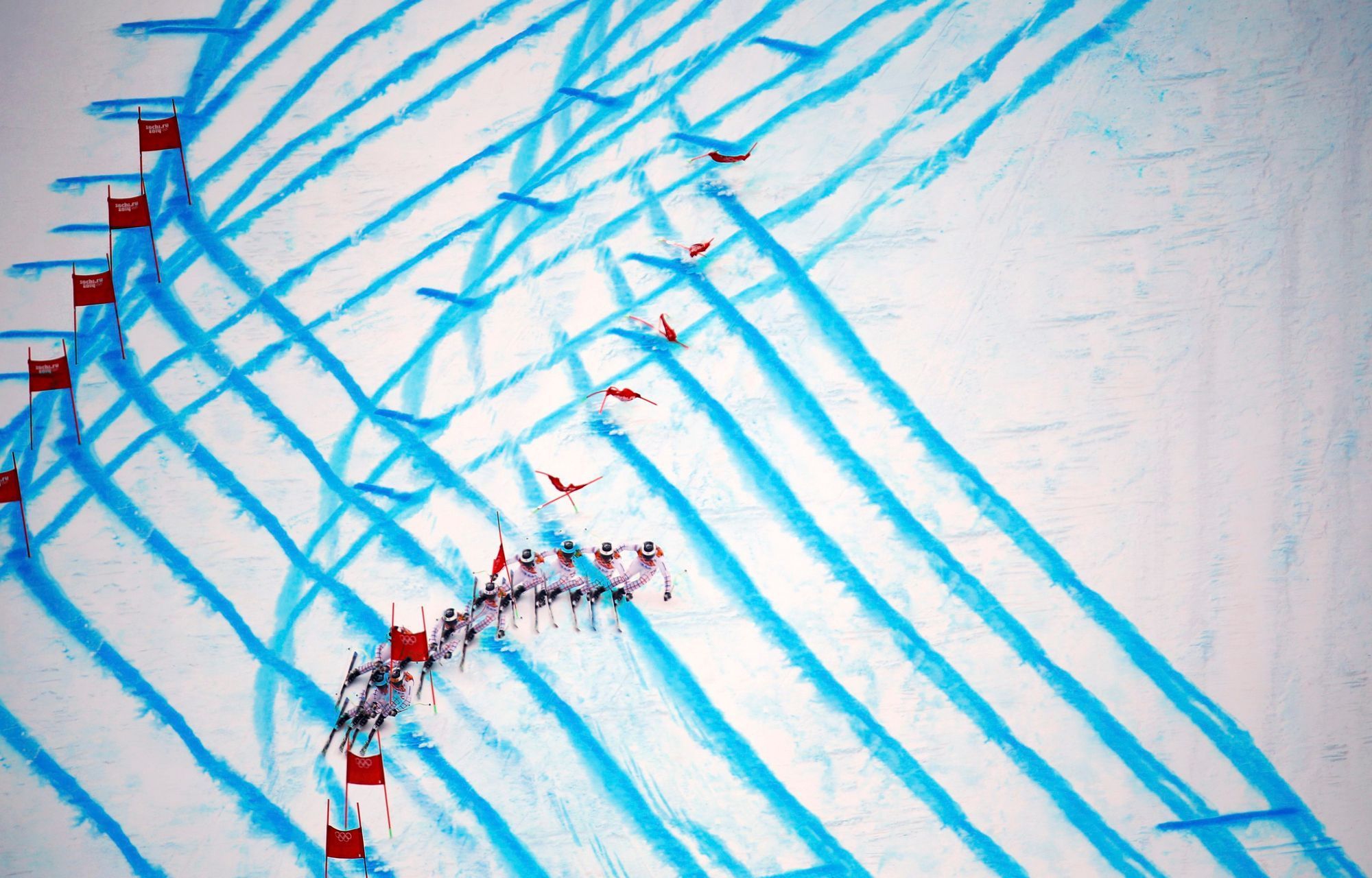 Bank of the Czech Republic speeds down the course during the men's alpine skiing Super-G competition at the 2014 Sochi Winter Olympics