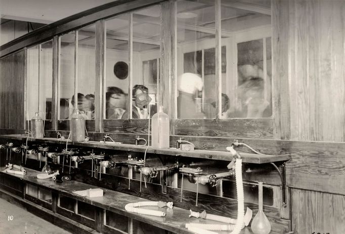 Employees test gas masks at the Chemical Development Laboratory in Philadelphia in this 1919 handout picture.