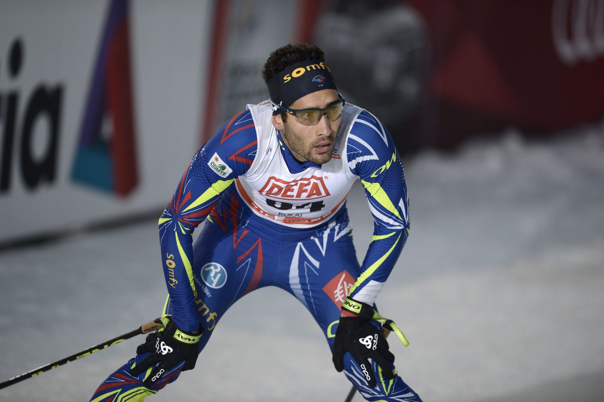 Biathlon World Cup and Olympic champion Martin Fourcade of France reacts after his performance in the men's free Cross Country 10km competiton at the FIS World Cup Ruka Nordic 2015 event in Kuusamo