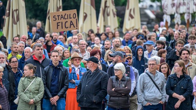 Protest hnutí Progresívne Slovensko proti konsolidaci v Prešově 16. září 2025.