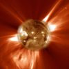 Sun Storm! The sun-orbiting SOHO spacecraft has imaged many erupting filaments lifting off the active solar surface and blasting enormous bubbles of magnetic plasma into space. This image shows the sun in ultraviolet light, while the field of view extends over 2 million kilometers, or 1.243 million miles, from the solar surface. While hints of these explosive sun storms, called coronal mass ejections or CMEs, were discovered by spacecraft in the early 1970s, this dramatic image is part of a detailed record of this CME's development from the presently operating SOHO spacecraft. At a minimum, solar activity cycle CMEs occur about once a week, with maximum rates of two or more per day. Strong CMEs may profoundly influence space weather and those directed toward our planet can have serious effects. Image credit: NASA/JPL