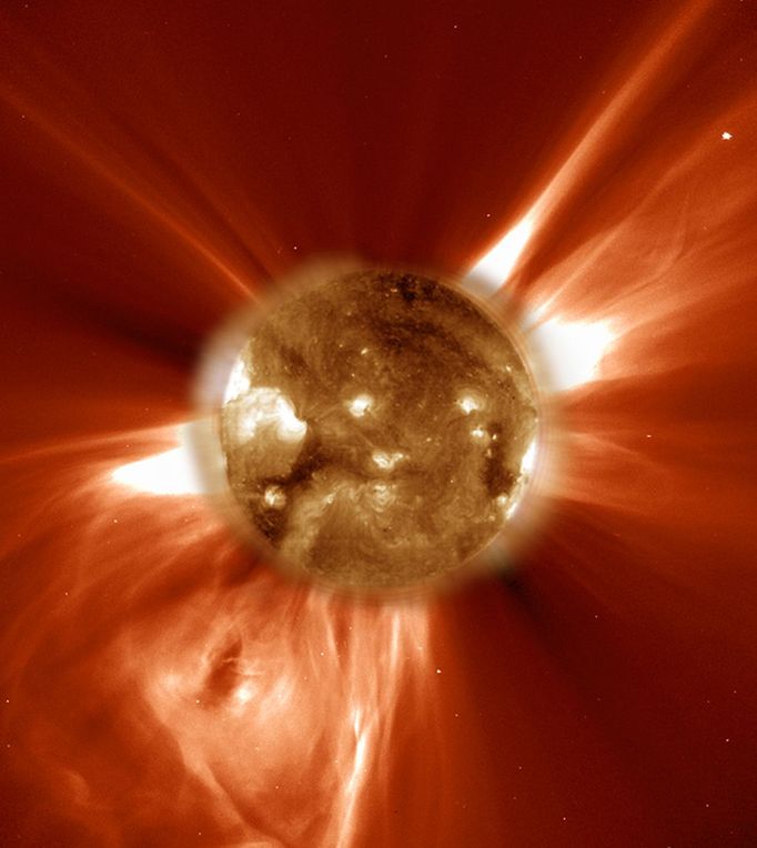 Sun Storm! The sun-orbiting SOHO spacecraft has imaged many erupting filaments lifting off the active solar surface and blasting enormous bubbles of magnetic plasma into space. This image shows the sun in ultraviolet light, while the field of view extends over 2 million kilometers, or 1.243 million miles, from the solar surface. While hints of these explosive sun storms, called coronal mass ejections or CMEs, were discovered by spacecraft in the early 1970s, this dramatic image is part of a detailed record of this CME's development from the presently operating SOHO spacecraft. At a minimum, solar activity cycle CMEs occur about once a week, with maximum rates of two or more per day. Strong CMEs may profoundly influence space weather and those directed toward our planet can have serious effects. Image credit: NASA/JPL