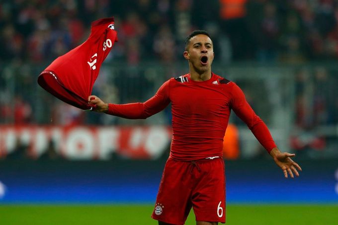 Bayern Munich's Thiago Alcantara celebrates after scoring a goal