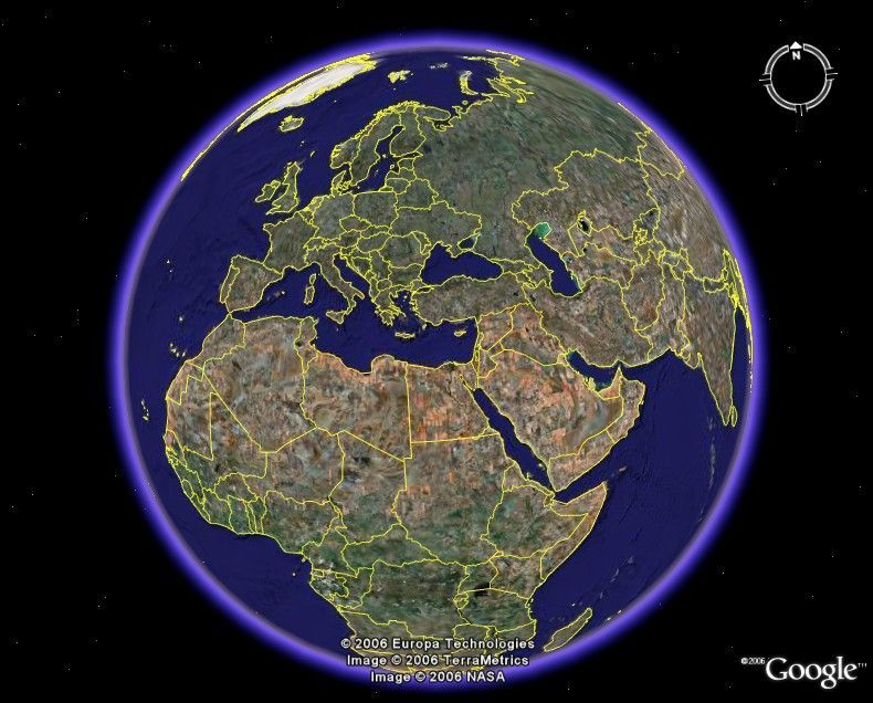 Země z výšky 10 000 km jak jí zobrazuje program Google Earth