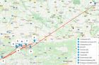 Mapa zobrazuje trasu alpského vlka, který v lednu přišel do Česka, kde ho pak přejelo auto.