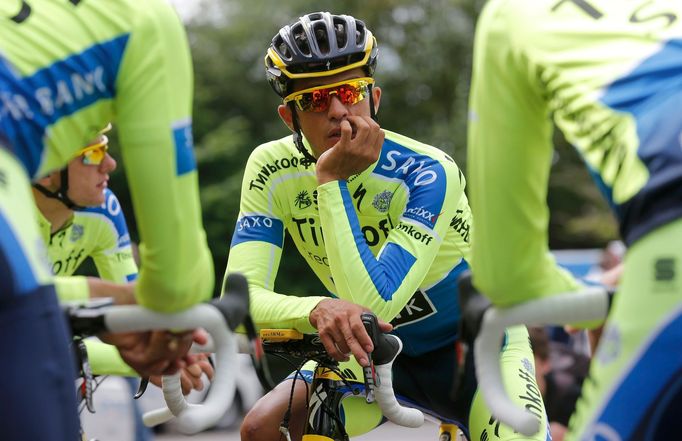 Tinkoff-Saxo team rider Alberto Contador of Spain is seen before a training session for the Tour de France cycling race near Leeds, July 4, 2014. The Tour de France cycli