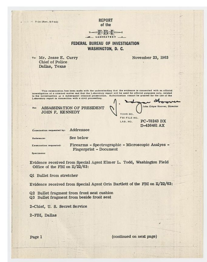 An FBI laboratory report concerning firearms, fingerprints, bullets and other evidence taken from the Dallas Police Department in its investigation of the assassination of former U.S. President John F. Kennedy, is pictured in this November 23, 1963 handout image.