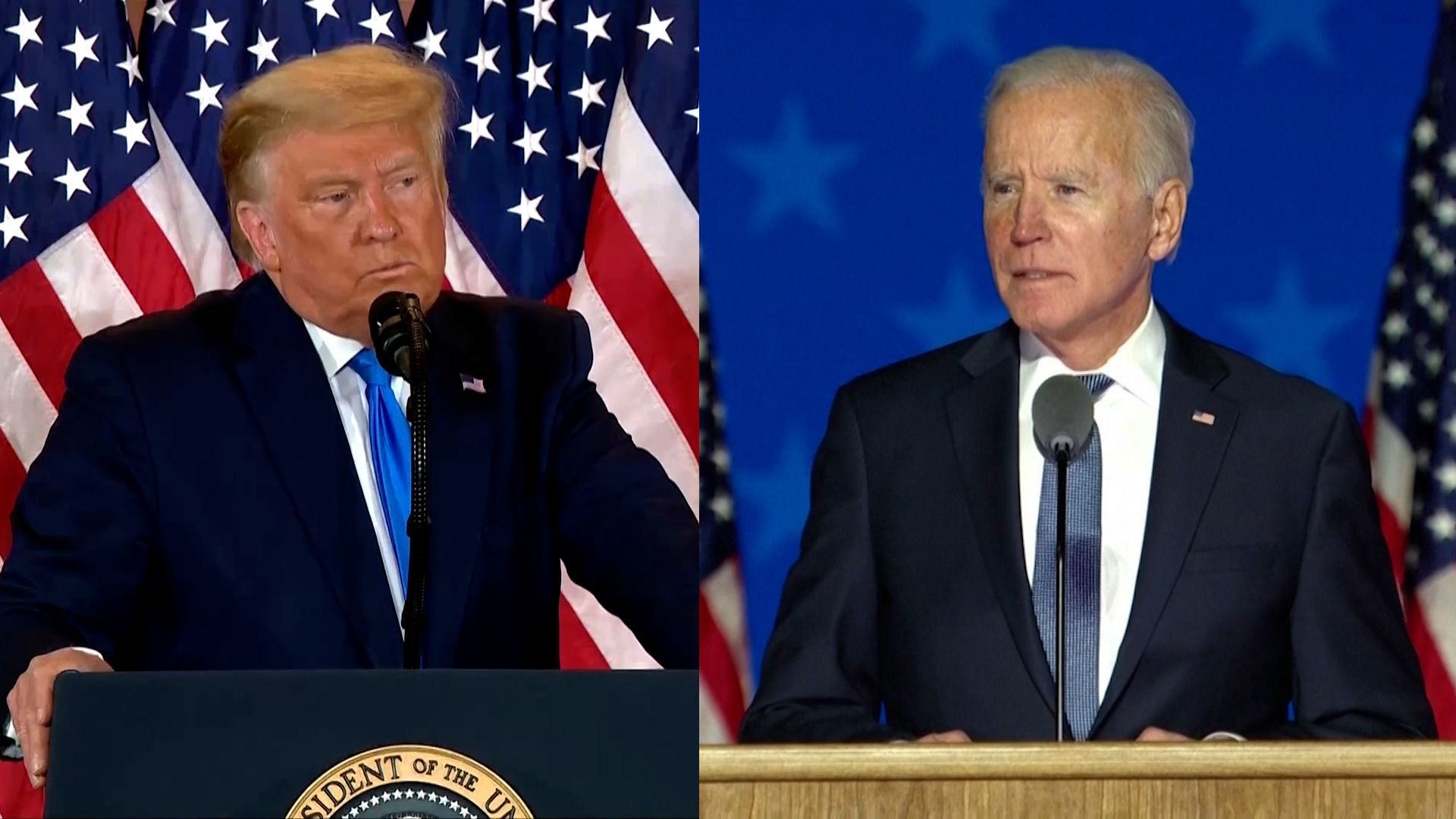 První reakce na volby: Joe Biden a Donald Trump.