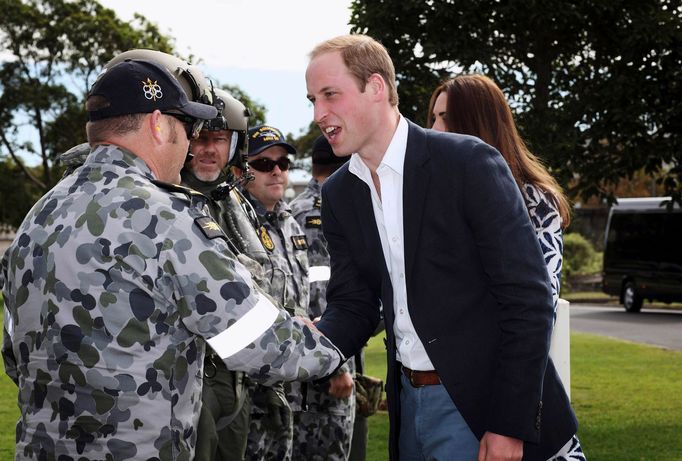 Britain's Prince William and his wife Catherine, Duchess of Cambridge, meet the crew of the Royal Australian Navy MRH90 helicopter at Sydney's Victoria Barracks