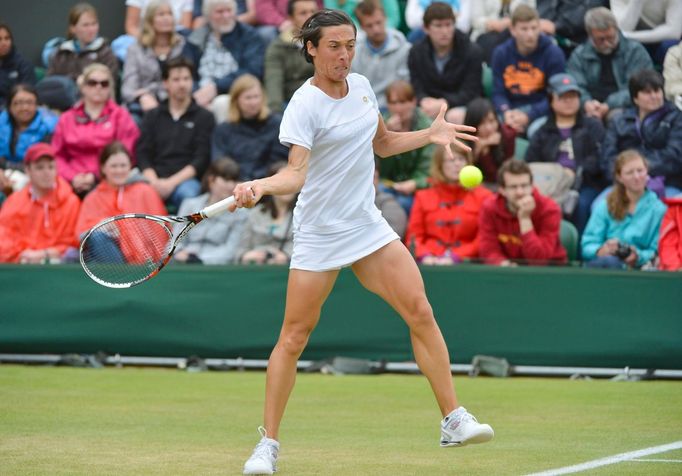 Italská tenistka Francesca Schiavoneová odráží míček na Petru Kvitovou v osmifinále Wimbledonu 2012.