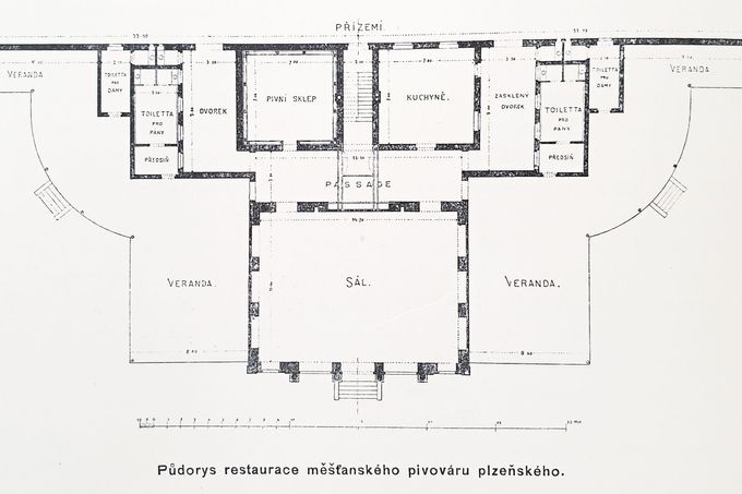 Dobové schéma půdorysu tehdejší restaurace měšťanského pivovaru na Výstavišti Praha. Nedatováno