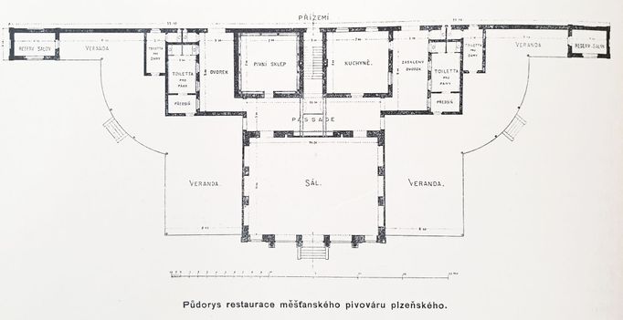 Dobové schéma půdorysu tehdejší restaurace měšťanského pivovaru na Výstavišti Praha. Nedatováno